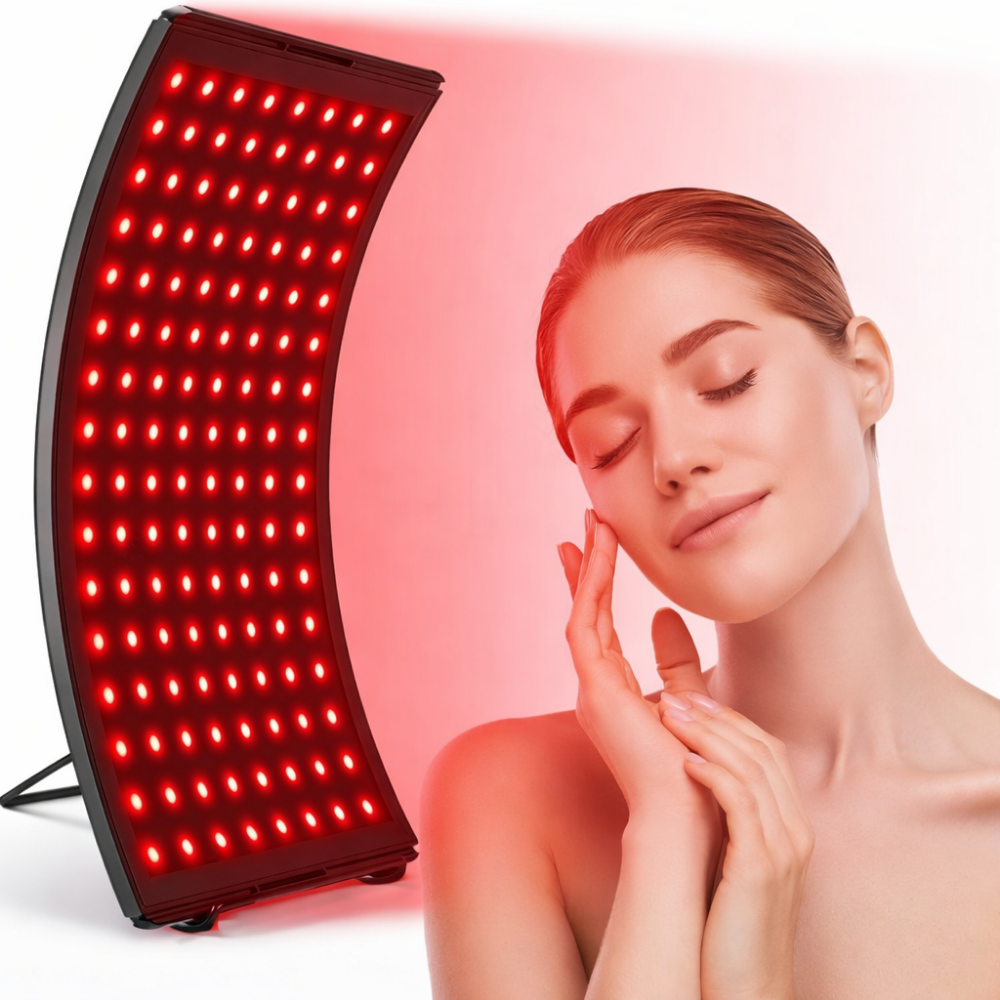HomeLight Pro Rotlichttherapie-Panel, 660nm + 850nm Wellenlängen für Gesicht & Körper, Gewölbtes Design mit Fokus-Technologie, Anti-Aging und Schmerzlinderung, inkl. Standfuß & Schutzbrille