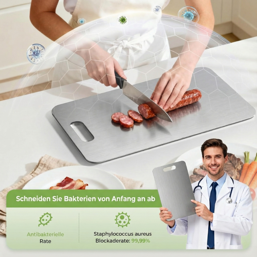 Titan Schneidebretter 3er-Set, Schneidebrett aus 100% Titan für die Küche, Doppelseitige Titanbretter mit getrennten Bereichen für Rohkost und Gekochtes, giftfrei, spülmaschinenfest (S+M+L)