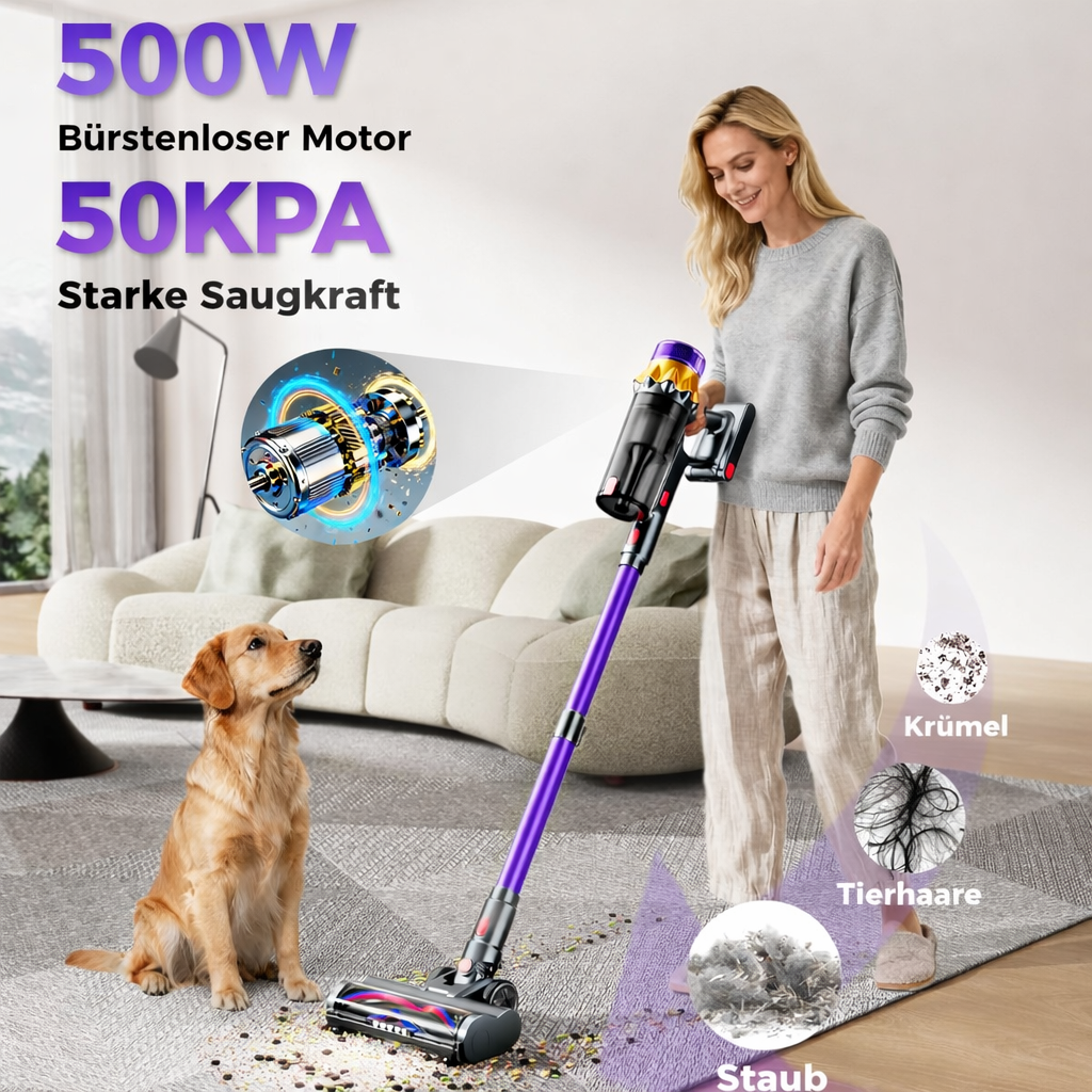 Premium Akku-Staubsauger mit LED-Stauberkennung / Bis zu 60 Minuten Laufzeit / 600W Motor & 50.000 Pa Saugkraft / Beutelloser Staubsauger für Teppiche, Hartböden & Tierhaare