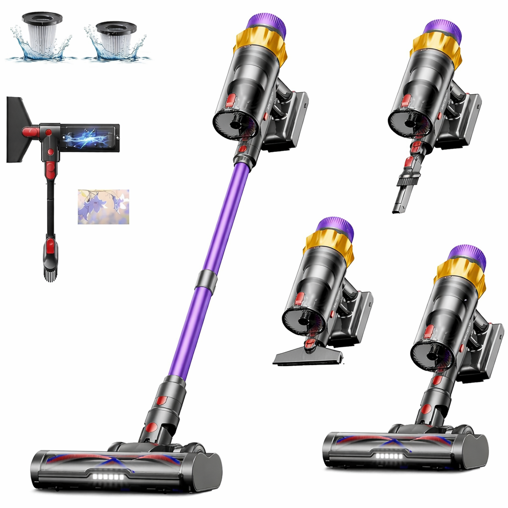 Premium Akku-Staubsauger mit LED-Stauberkennung / Bis zu 60 Minuten Laufzeit / 600W Motor & 50.000 Pa Saugkraft / Beutelloser Staubsauger für Teppiche, Hartböden & Tierhaare